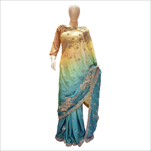 Yellow And Blue Ladies Double Shaded Saree