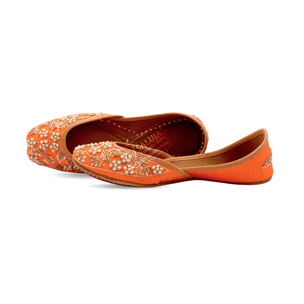 Orange Color Handwork Punjabi Jutti For Woman Heel Size: Flat