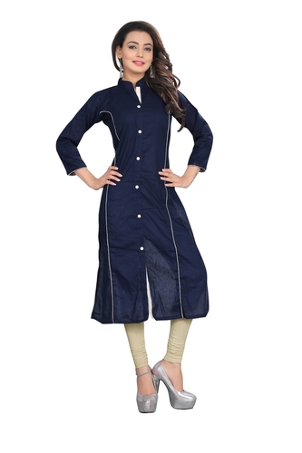 Long Kurtas - Cotton Material, Casual Dress Type, Plain Pattern, Black Color - All Season Wear
