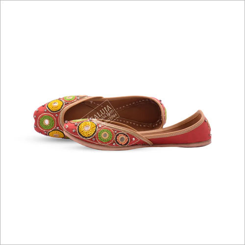 Designer Leather Punjabi Jutti - Customizable in Sizes 5-10.5 USA, Red with Hand Work | Extra Padding, Comfortable Fit, All Season Wear