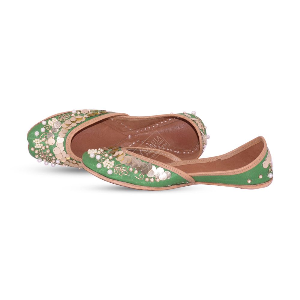 Designer Leather Punjabi Jutti - Flat Heel, 36-41 Size Range, Beautiful Green Color | Extra Padding for Comfort, Custom Sizes Available