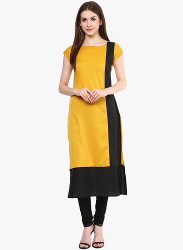 Designer Kurtis - Heavy Rayon, Yellow & Black Casual Style with Short Sleeves, Available in S, M, L, XL, XXL