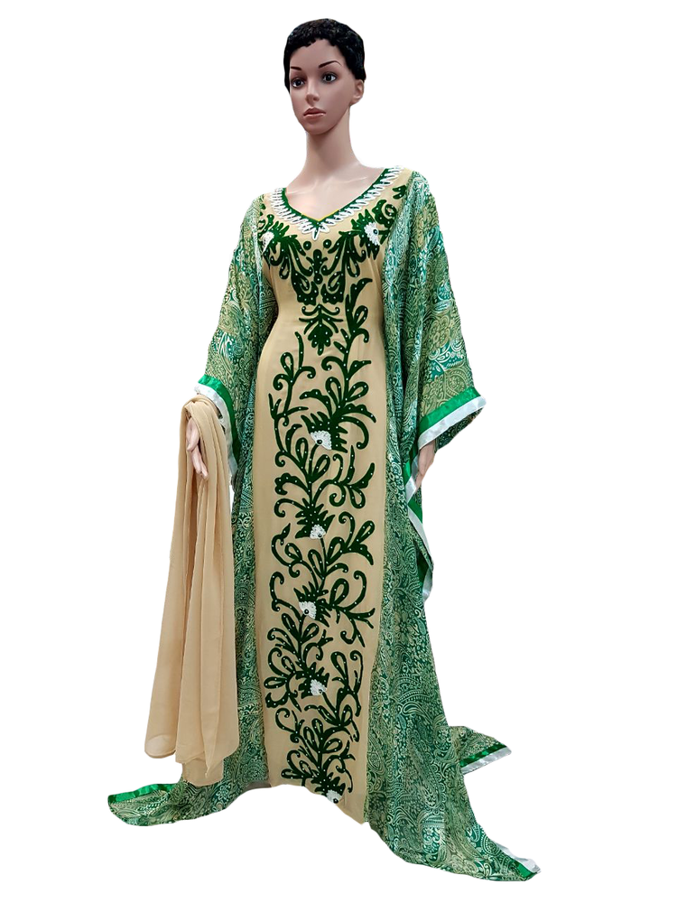 Ladish Kaftan Beige and Green Color By SANDY'S FASHION
