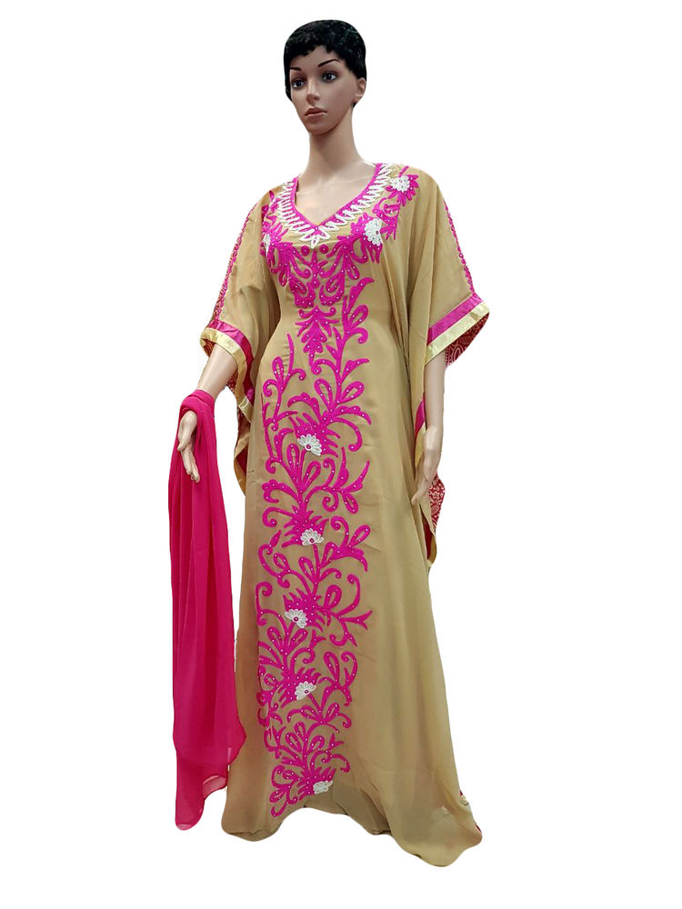 Full Sleeves Ladies Kaftans For Woman With Beige And Pink Color