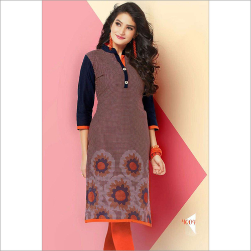 Blue Checkered Kurti - Cotton, Length 44-48 Inch , Multicolor Designer Print, Home Washable, Full Sleeves Casual Wear