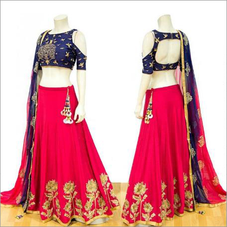 Pink Blue Bridal Lehenga Decoration Material: Beads