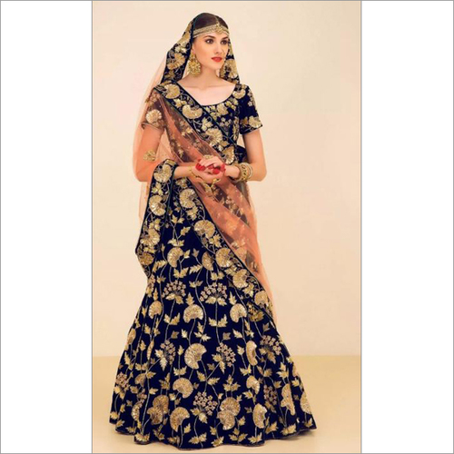 Bridal Satin Navy Blue Flower Embroidered Lehenga