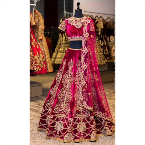 Red Velvet Designer Lehenga - Bridal Satin, Sizes S-XXL | Modern Style, Short Sleeves, Beads, Lace, Sequins, Cool Dry Features