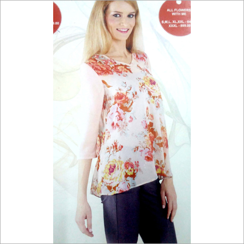 Ladies V Neck Top - Chiffon Fabric, Small to XL Size | Cream Printed Design for All Seasons, Comfort Fit to Elevate Your Style