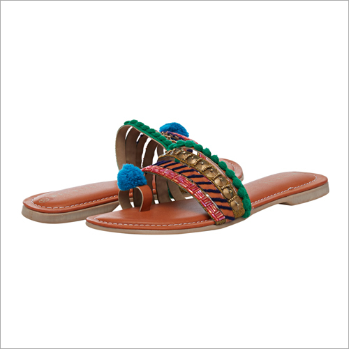 Tan Pom Pom Ehtnic Collection Flats