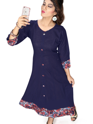 Selfie Kurtis - American Crep + Cotton Slub Fabric , Casual Dress in Navy Blue with Plain Pattern - Available in Sizes M, L, XL, XXL