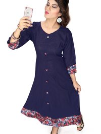 Selfie Kurtis - American Crep + Cotton Slub Fabric , Casual Dress In Navy Blue With Plain Pattern - Available In Sizes M, L, Xl, Xxl