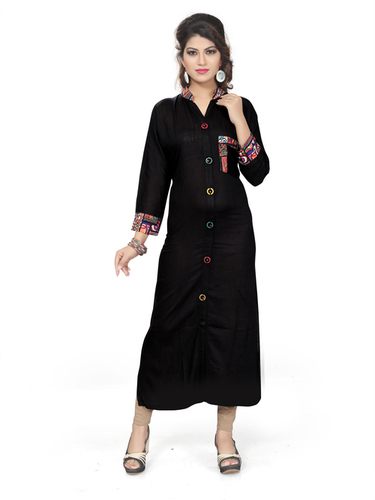 Black Kurtis - American Crep + Rayon Slub , Casual Dress for All Seasons, Plain Pattern