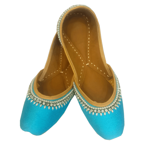 Colored Punjabi Jutti - Leather & Cotton Blend, All Sizes Available, Skyblue Color, Customized Logo, Flat Heel Design, Lightweight at 500 Grams