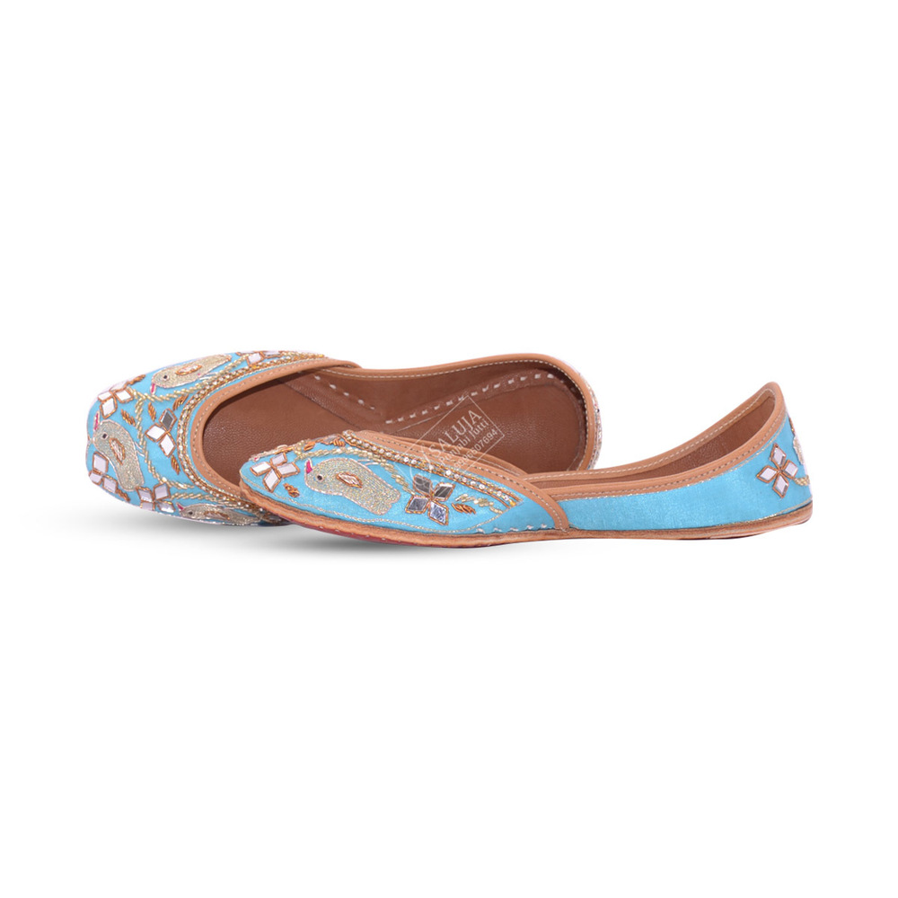 Designer Punjabi Jutti - Leather Upper, Canvas Insole, Sky Color With Mirror Work | Comfortable Flat Heel, Custom Sizes Available, Ideal For All Seasons
