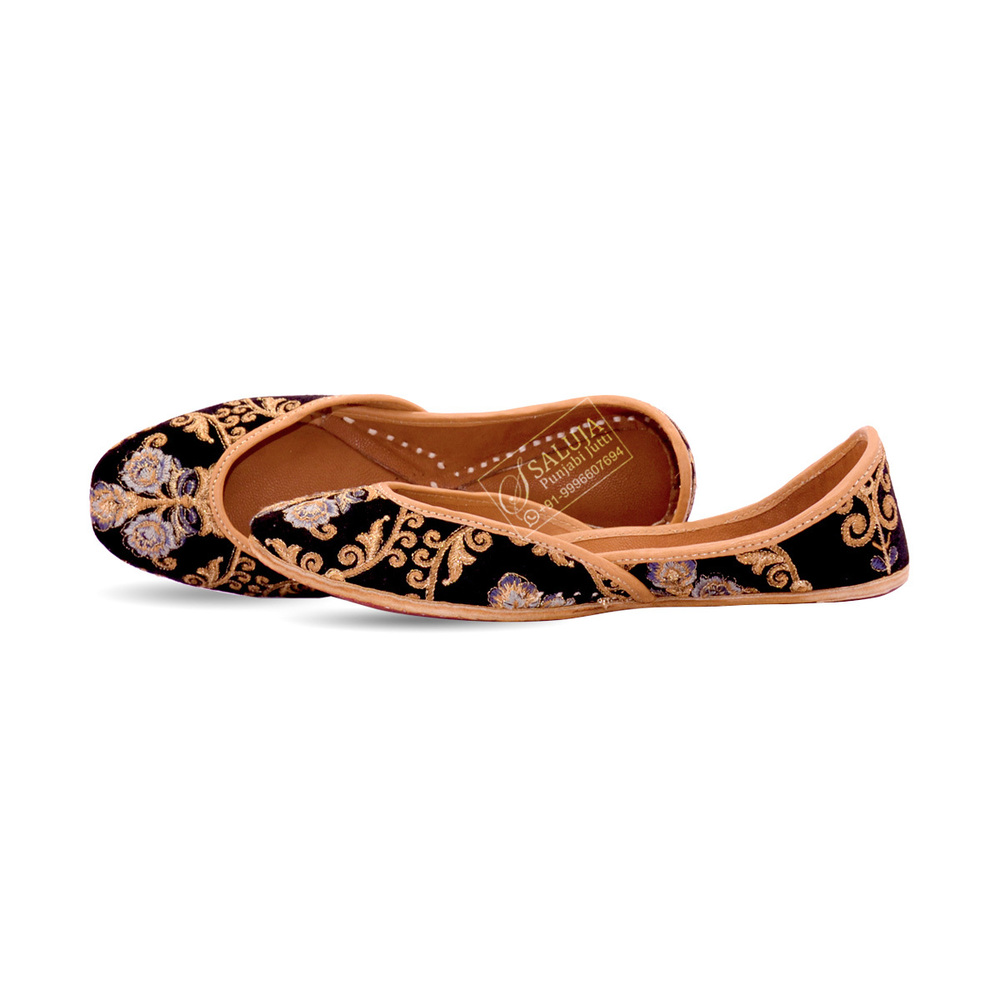 Punjabi Jutti - Leather Upper, Flat Heel, Custom Sizes 5-10.5 USA | Black with Golden Work, Comfortable Canvas Insole, Suitable for All Seasons