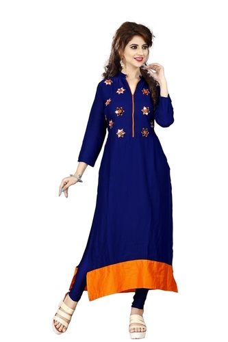 Mirror Work Kurti - Rayon 14kg, Navy Blue, Casual Dress, All Season, Plain Dyed