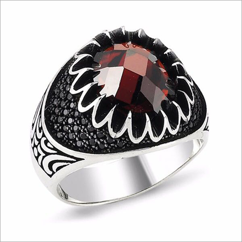 Mens Fancy Stone Ring - Sterling Silver, Round Shape, Black Oxidized Plating, Mehron Stone | Customizable Design, Crafted by Skilled Artisans