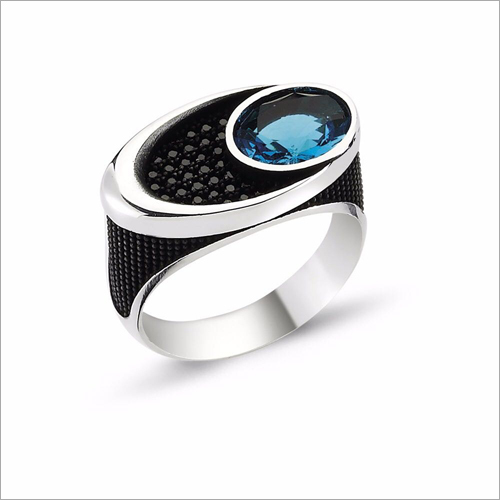 Mens Designer Stone Ring - Sterling Silver, Oval Sea Blue Stone, Intricate Carvings | Milestone Collection, Elegant Patterns, Quality Checked