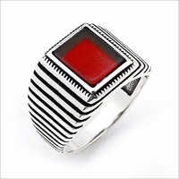 Men's Sterling Silver Square Ring - Red Stone Accent | Elegant Fashion Jewelry Piece
