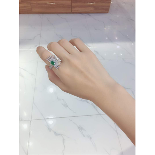 Ladies Designer Finger Ring - Sterling Silver, Round Shape with Green & Silver Stone Color | Adorably Shiny, Crafted by Professionals