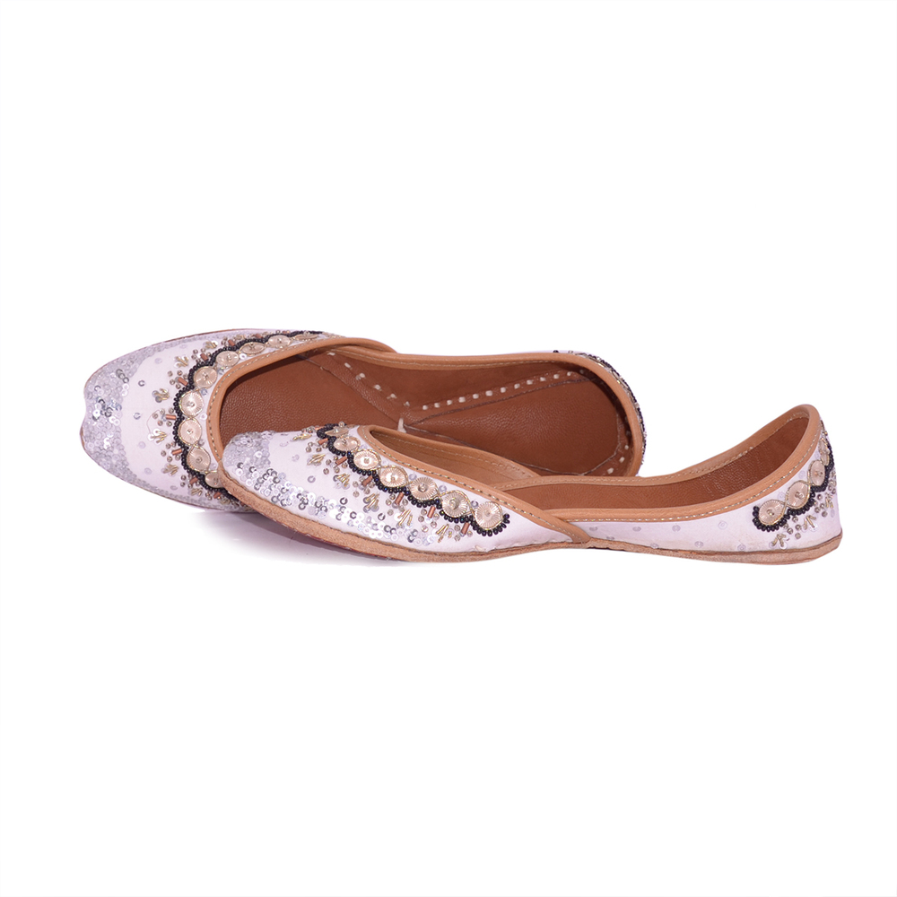 Party Wear White Color Punjabi Jutti With Multi Color Work Heel Size: Flat