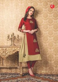 Red & Cream Round Neck Kurta