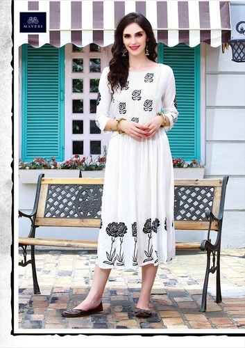 Ladies Kurtis - Rayon Fabric, Casual Summer Wear | White Printed Design, Wrinkle Free Quality