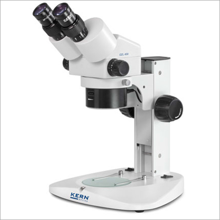 KERN OZL-45R Stereo Zoom Microscope - 320x420x275 mm, 10x Eyepieces, 7.5x-50x Magnification | Greenough Optics, LED Illumination, Curved Arm Stand, Precise Focus