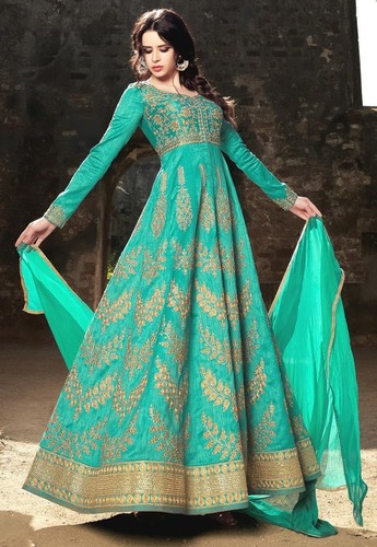 Silk Abaya Style Kameez - Semi-Stitched, Teal Green with Zari, Stone, Sequins, and Patch Border Work, Full Sleeves and Faux Georgette Dupatta