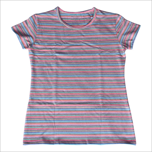 Ladies T-Shirt - Cotton, Pink, O-Neck, Striped Pattern, Short Sleeves | Trendy Casual Wear for Summer Outings, Relaxed Fit Design