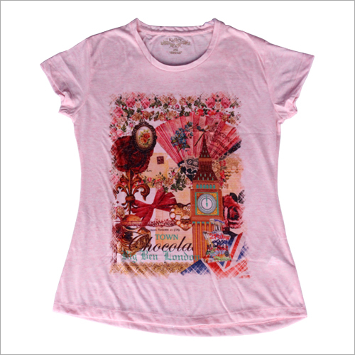 Ladies Printed T-Shirt - Cotton Fabric, Short Sleeves, O-Neck, Pink Color | Trendy Pattern for Everyday Style and Contemporary Wardrobe