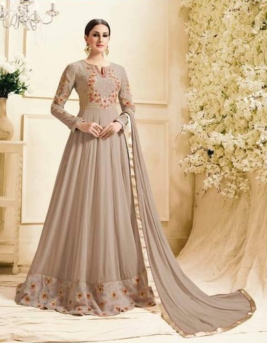 Grey Georgette Anarkali Suit - Santoon Bottom & Naznin Chiffon Dupatta | Embroidered Floral Design, Full Sleeves, Ethnic Wear
