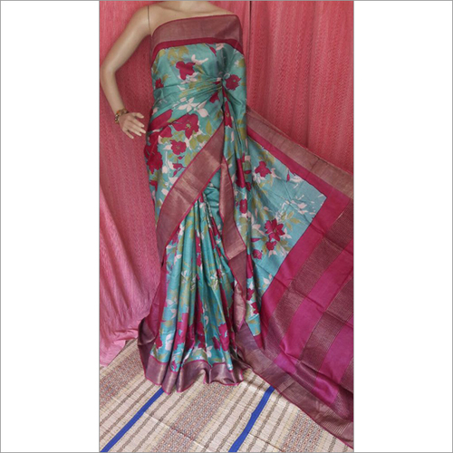 Floral Print Zari Tussar Saree