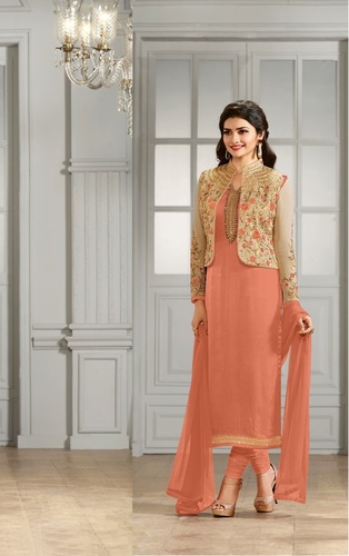 Georgette Satin Straight Suit - Orange with Embroidered Placket | Short Sleeves, Santoon Bottom, Naznin Chiffon Dupatta