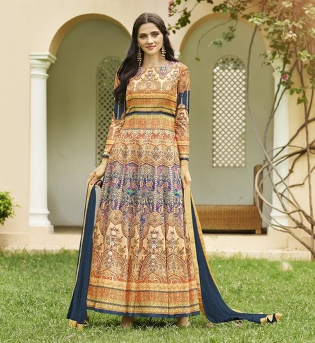 Semi Stitch Suits - Jersey Cotton & Santoon Fabric, Cream Ethnic Wear with Printed Design, Full Sleeves, 60" Length