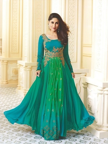 Anarkali Suit - Aqua Blue and Green Art Silk Faux Georgette, Full Sleeves | Embroidered Floral Patterns, Matching Bottom and Dupatta