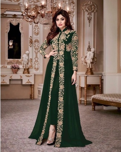 Faux Georgette Front Slit Straight Pant Suit - Dark Green Floral Embroidery, Includes Matching Santoon Bottom and Nazneen Dupatta