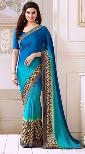 Georgette Saree - Blue Georgette Fabric with Raw Silk Blouse | Ethnic Dress with Short Sleeves and Printed Pattern