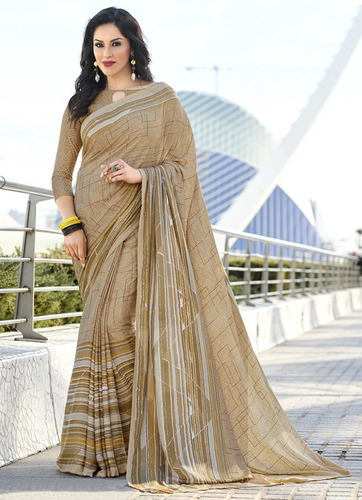 Crepe Saree - Beige Color, Printed Pattern | Ethnic Dress with Short Sleeves