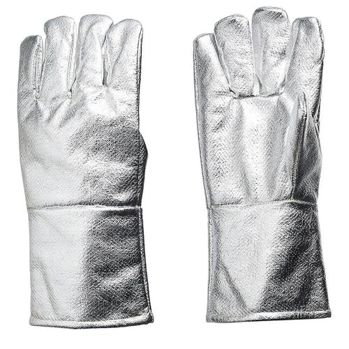 Aluminised Gloves - 14 Inches, Silver Aluminium Fabric Type, Full Finger Design | Easy To Wear, Stitched With Kevlar Thread