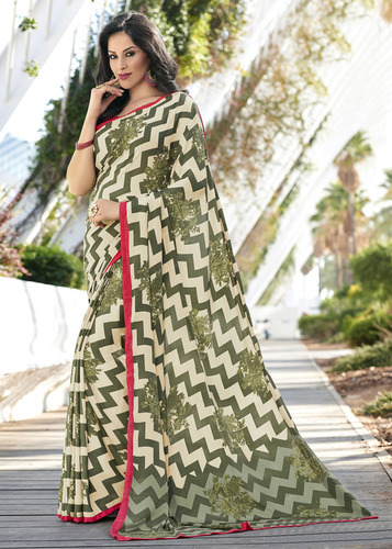 Crepe Saree - Cream Color, Printed Design | Multi-patterned Ethnic Dress With Short Sleeves