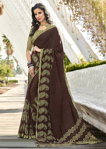 Ethnic Saree - Crepe Fabric, Brown Printed Design | Short Sleeves, Plain Dyed Texture