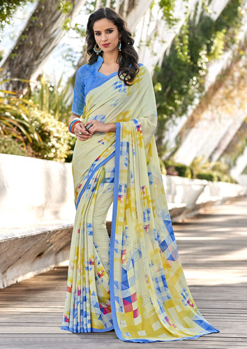 Yellow Crepe Printed Saree