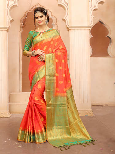 Banarasi Silk Saree - 5.5 Meter Length, Orange Color | Ethnic Fashion with Printed Design, Short Sleeves, Plain Dyed Finish