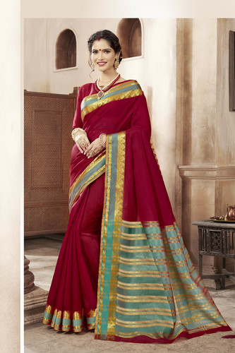 Khadi Silk Saree - Red Sky Color with Matching Blouse | Elegant Ethnic Wear, Plain Dyed, Short Sleeves, Exceptional Durability