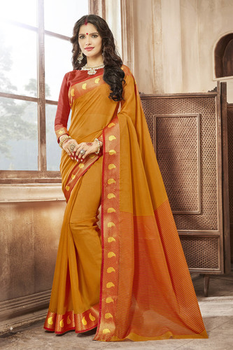 Khadi Silk Saree - Mustard with Orange Blouse | Ethnic Dress, Durable Fabric, Printed Pattern, Short Sleeves