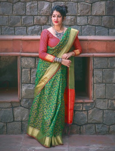 Printed Saree - Patola Silk Fabric, Green Color | Ethnic Dress Type, Short Sleeves, Beautiful Printed Pattern