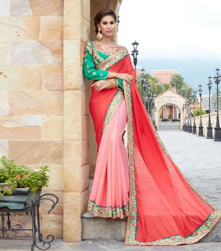 Designer Western Wear Saree - Bamber Silk & Raw Silk Fabric | Red & Pink Printed Ethnic Dress, Short Sleeves Style