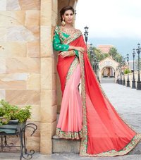 Designer Western Wear Saree - Bamber Silk & Raw Silk Fabric | Red & Pink Printed Ethnic Dress, Short Sleeves Style